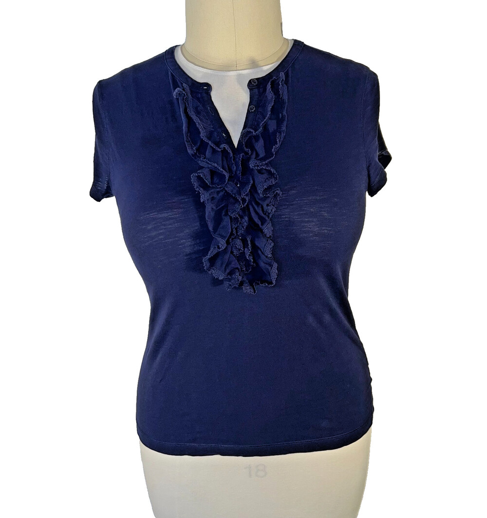 LRL Lauren Jeans Co. Ralph Lauren | Navy Blue Ruffle Front Henley Cap Sleeve